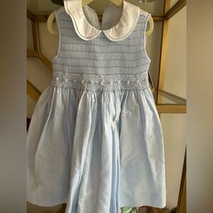 Hand smocked girls dress, blue and white, size 5